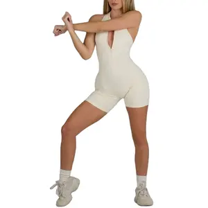 Custom Sexy Backless Scrunch Butt Sleeveless Fitness 1 Piece Yoga Women Workout Rompers Zip Up Short Active Jumpsuit