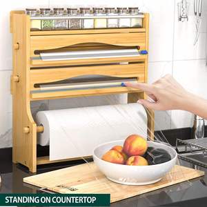 Eco Friendly Products 2023 Foil <b>Plastic</b> <b>Wrap</b> Organizer Dispenser Bamboo <b>Wrap</b> Dispenser with Towel Holder and Spice Shelf - Product Image 3