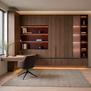 Meubles <span class=keywords><strong>de</strong></span> bureau modernes avec bibliothèque en L, bureau intégré et colonnes <span class=keywords><strong>de</strong></span> présentation en verre - Product Image 5