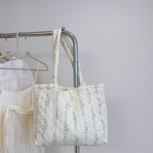 Tas bahu wanita ritsleting empuk katun Floral komuter Logo ukuran kustom tas belanja Tote - Product Image 2