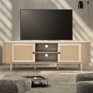 Curve Design <strong>TV</strong> Cabinet Living Room <strong>TV</strong> Stand Entertainment Center with Two <strong>Rattan</strong> Decor Doors &amp; Shelves <strong>TV</strong> <strong>Unit</strong> for Living Room - Product Image 3
