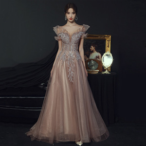 Off-Shoulder Ball Gown Evening Dress Khaki Light Purple Chiffon Empire Waistline Slim Fit Formal Party Wear - Product Image 2