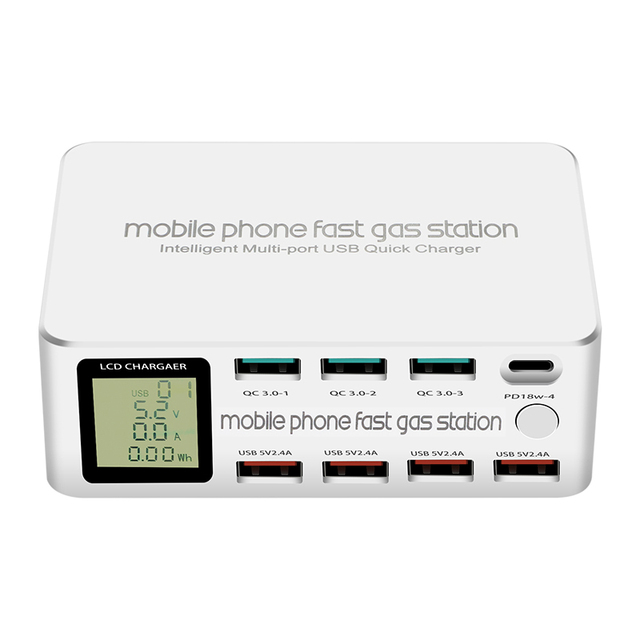 8 Port Smart USB Charger 100W Quick Charge QC 3.0 with PD Fast Charge Station LCD Digital Display Multi USB Charger Station