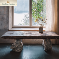 Table à thé et à dîner en pierre et marbre d'inspiration zen Wabi-Sabi rétro avec design antique, table basse et chaises, meubles pour la maison