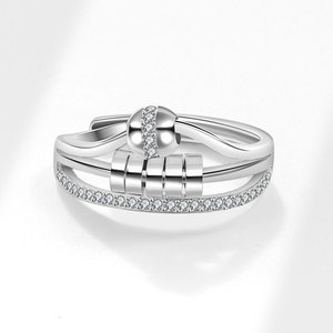 Anillo Giratorio Antiestrés Multi-Lager con Cuentas, Ajustable, con Zirconia Engastada, de Cobre con Baño de Rodio, Joyería Inalterable para Mujer - Product Image 3