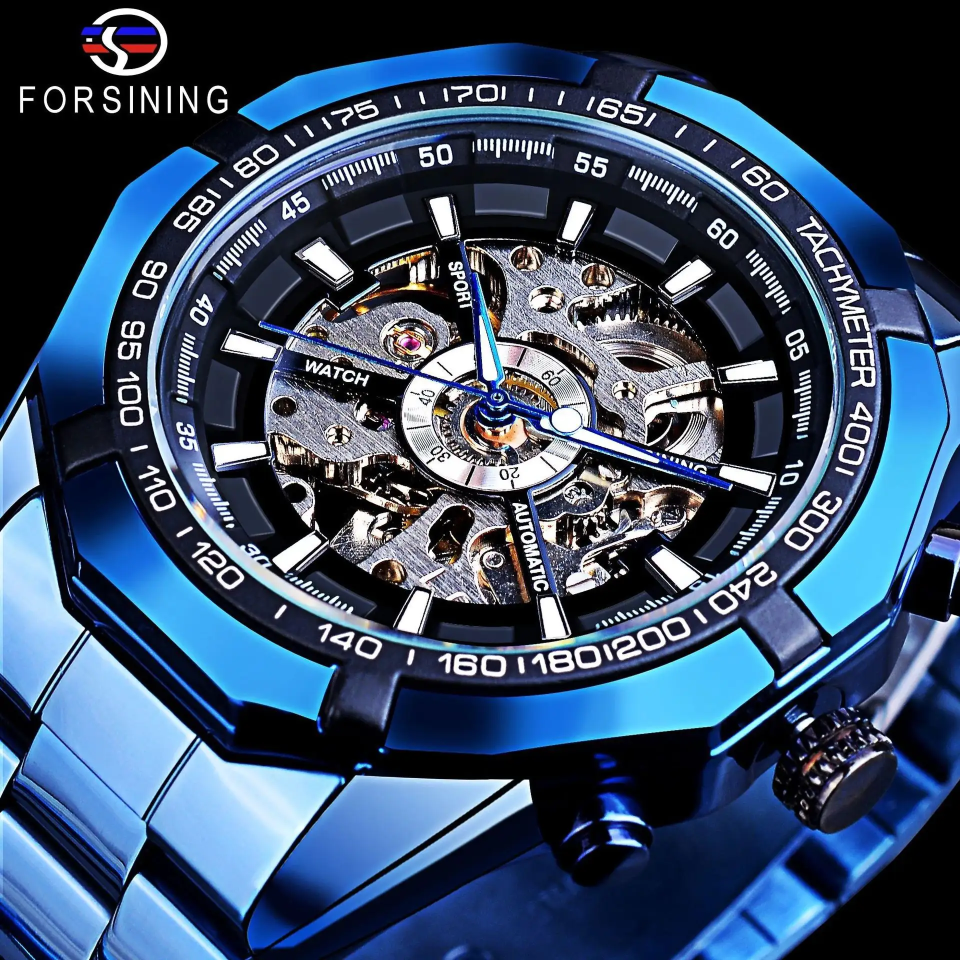 Forsining Blue Automatic Men Watches Multi-function Casual Luxury Steel Watch Bands Wholesale Men Mechanical Watches