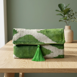 PRABHAVA <b>Green</b> Chevron Pattern Clutch <b>Bag</b> Tassel Handmade Cotton Lining Fabric Storage Pouch Bohemian Style Rectangle Shape 7 - Product Image 3