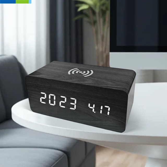 Smart Wooden LED Alarm Clock Wireless Charging  Digital Table Clock Colorful Voice Controlled Display LED Temperature