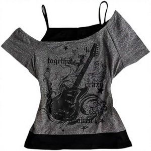 Emo Grunge Shirts Dames 2000s Elektrische Gitaar Grafische Baby Tees Tweedelig Korte Mouw Vintage Y2k Crop Top Goth Alt Kleding - Product Image 2