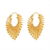 Boucles d'oreilles créoles vintage bohèmes texturées en forme d'aile de ventilateur, en laiton plaqué or véritable, en forme de plume, pour femme, bijoux de fête et de tous les jours