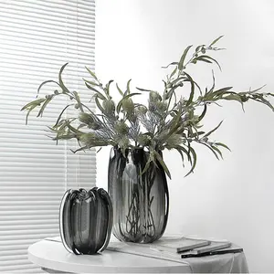 Bixuan Handmade Mouthblown Art Glass Vase Smoke Solid Color Natural Bud Shape Table Decor Centerpieces Thick Glass Vase, 30cm