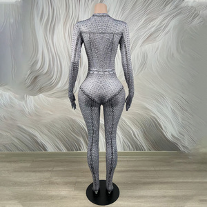 Body con Strass e Perline Argentate, <span class=keywords><strong>Tuta</strong></span> Intera da Donna, Costume Modellante a Maniche Lunghe per Pole Dance - Product Image 1