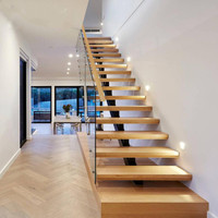 CBMMart Escalier intérieur en bois personnalisable Bande de roulement en bois et bande de roulement en verre Escalier à câble en verre Garde-corps en verre Escaliers flottants
