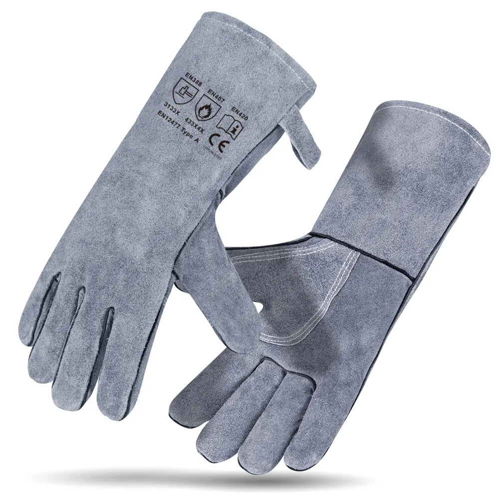 Gants de barbecue en cuir fendu de vache personnalisés Gants de soudage résistants à la chaleur pour barbecue Gants de sécurité pour la cuisson au four