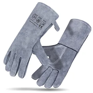 Custom Cow Split Leather Gants De Barbecue Bbq Heat Resistant Heatproof Welding Gloves Safety Cooking Baking Oven Mitts