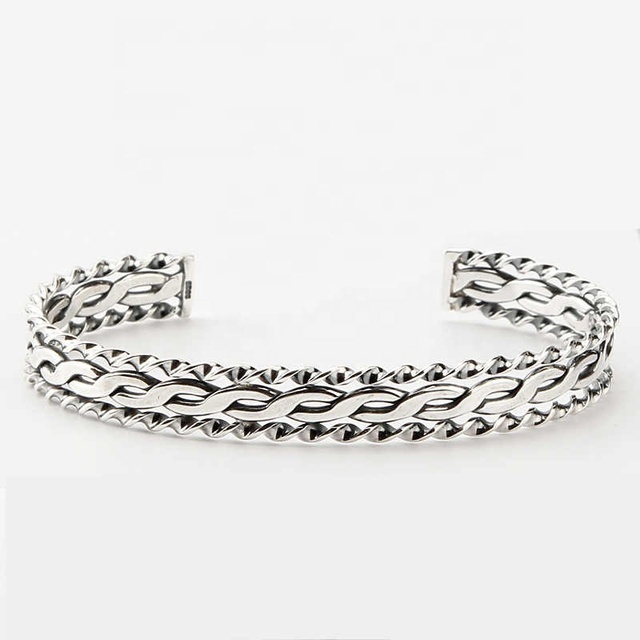 Solid Real 925 Sterling Silver Men Bangle Weave Vintage Punk Antique Silver Design Cuff Bangle for Male Women Jewelry Gift