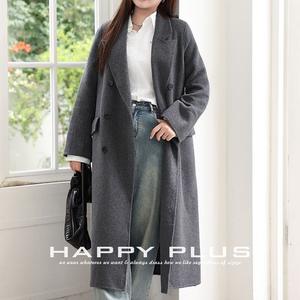 Manteau mi-long en laine double face pour femme Happy Plus, couleur unie avec boutons, grande taille N9084 - Product Image 2