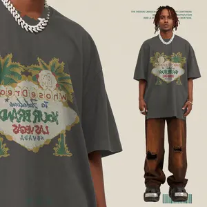 2024 bahar ve yaz özelleştirilebilir T-Shirt hindistan cevizi ağacı baskı kısa kollu amerikan tarzı Vintage gevşek yıkanmış erkek tişört