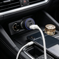 Chargeur de voiture USB à double câble rétractable intégré pour une charge rapide, chargeur de téléphone de voiture intégré, chargeur de voiture automatique