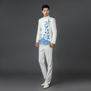 Costume Zhongshan pour homme, style chinois, col montant brodé, blanc, noir, bleu royal, rouge, tenue de cérémonie - Product Image 4