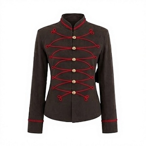 Chaqueta Napo Marrón Bordada a Mano Estilo Vintage para Hombre con Cuello Alto Rojo y Logotipo Trenzado - Product Image 1