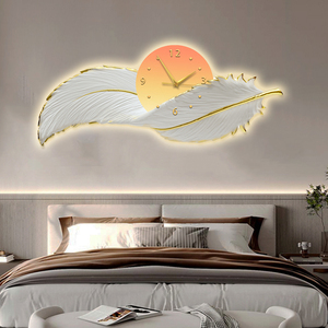 Grande horloge de maison Art Déco Plume design LED horloge murale Salon canapé fond Peinture murale élégante - Product Image 5