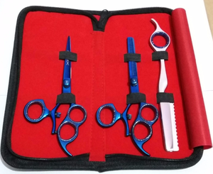 El mejor juego de tijeras/Tijeras de corte de pelo de Color azul para equipos de belleza de peluqueros con mango de goma de hoja de acero inoxidable afilado - Product Image 1