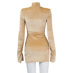 <span class=keywords><strong>Abito</strong></span> lungo da <span class=keywords><strong>donna</strong></span> sexy in velluto dorato, nuovo modello autunno inverno, a collo alto, a maniche lunghe, con spalle imbottite e pieghe, tinta unita - Product Image 6