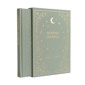 Diario de Lectura con Tapa Dura de Tela, Diseño en Dorado con Estampado de Luna, Estrellas y Flores - Product Image 1