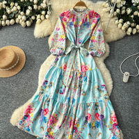 Robe longue décontractée pour femme WIWT, élégante, à imprimé floral, coupe trapèze, col montant, manches bouffantes, ceinturée, à volants, pour le quotidien et les vacances
