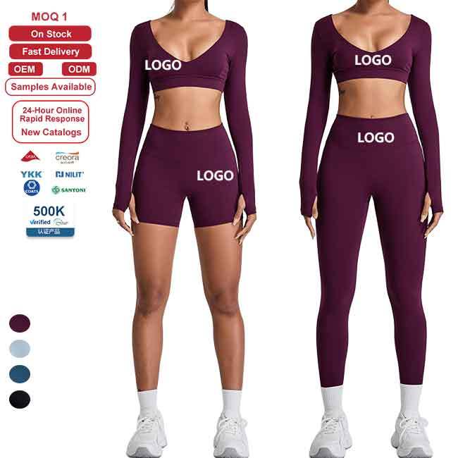 Womens Gym Wear Fitted V Neck Long Sleeve Crop Top Butt Lift Yoga Shorts High Waisted Leggings Three Piece Fitness Outfit Sets