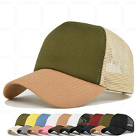 Gorra de béisbol de malla de 5 paneles con visera curva de alta calidad, lisa, en blanco, para bordado personalizado de logotipo, gorras trucker de algodón de dos tonos.