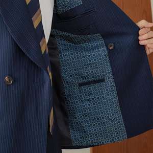 Retro Slim Fit banchetto nuziale da <span class=keywords><strong>uomo</strong></span> <span class=keywords><strong>blu</strong></span> <span class=keywords><strong>Navy</strong></span> Business Gentlemen abito a righe doppiopetto con collo a scialle per <span class=keywords><strong>uomo</strong></span> - Product Image 3