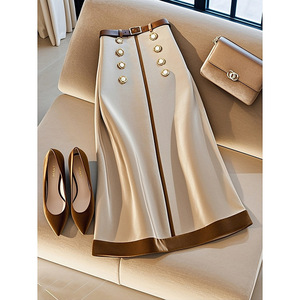 Explosive <strong>Khaki</strong> Splicing A-line <strong>Skirt</strong> Advanced Sense Super Good-looking High Waist Long <strong>Skirt</strong> 2025 Spring - Product Image 2