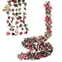 Guirlande de roses artificielles en soie rose avec feuilles vertes pour décoration d'arche de mariage, de table ou de mur