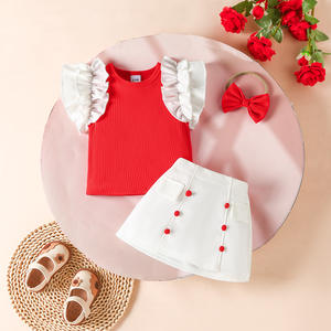 Set pakaian 3 potong untuk perempuan, atasan renda kasual Cross-Border Eropa dan Amerika, atasan leher bulat + rok putih syal pita, Set motif 3 potong - Product Image 1