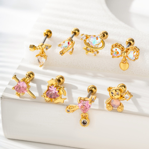 HENGSEN oreja de acero inoxidable hélice <span class=keywords><strong>tragus</strong></span> cartílago piercing joyería amor corazón bowknot cubic zirconia tornillo trasero pendientes - Product Image 1