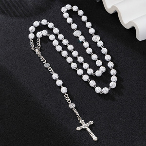 Rosario Católico de la Virgen María con Crucifijo, Bola de <span class=keywords><strong>Discoteca</strong></span> Blanca, Cuentas de Arcilla Polimérica y Pedrería para Oración y Bendición - Product Image 1