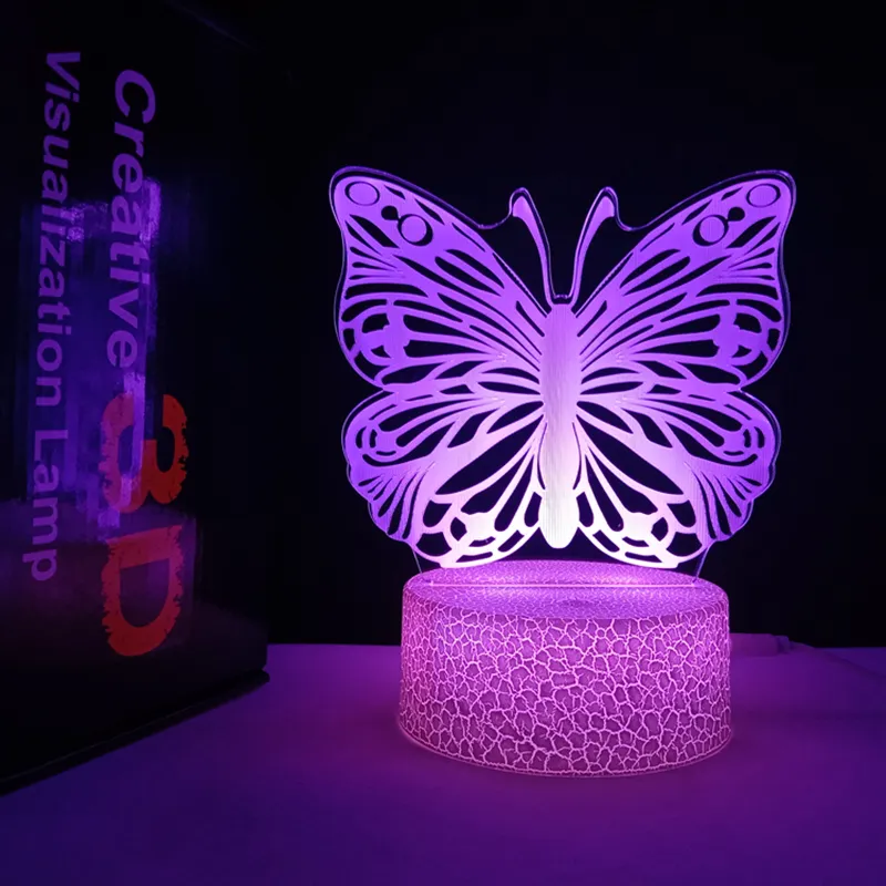 2024 vente chaude 3D veilleuse LED personnalisé en forme de papillon lampe 3d 7 couleurs clignotant acrylique lampe de chevet