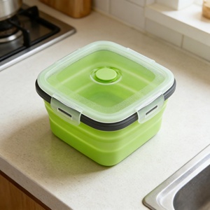 Eco Friendly Folding Silicone <b>Lunch</b> <b>Box</b> Set with Plastic Lid Portable Leak Proof Dinnerware in Two Colors - Product Image 4