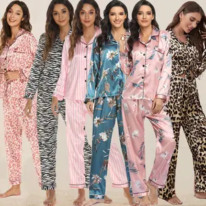 Oem pj roupa de dormir feminina, pijama de manga longa em seda, conjunto de pijama sexy para mulheres