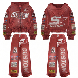 Custom Distressed Embroidery Zip up Rhinestone Graphic Boxy Hoodie Sweatpants Acid Wash <strong>tracksuit</strong> Mens Hoodies Sweatshirt Sets - Product Image 2
