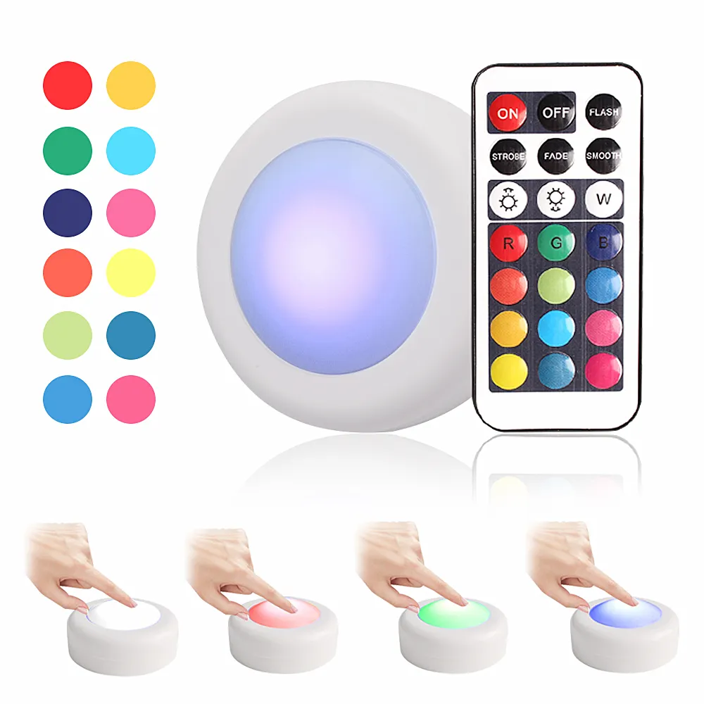Battery Operated LED Push Lights with Wireless Remote, 13 Color RGB Battery Powered Puck Light