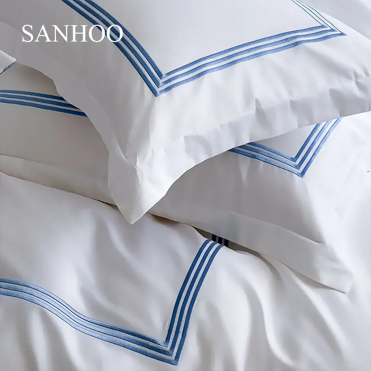 Sanhoo Nữ Hoàng tấm thiết lập 4pcs sang trọng trắng thêu Khăn trải giường 400TC cotton khách sạn tấm bộ đồ giường đặt