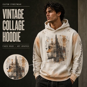 Felpa con Cappuccio Vintage da Uomo, Effetto Invecchiato, Stampa DTG, Cappuccio con Strass, Polsini a Triplo Strato, Stile Streetwear - Product Image 1