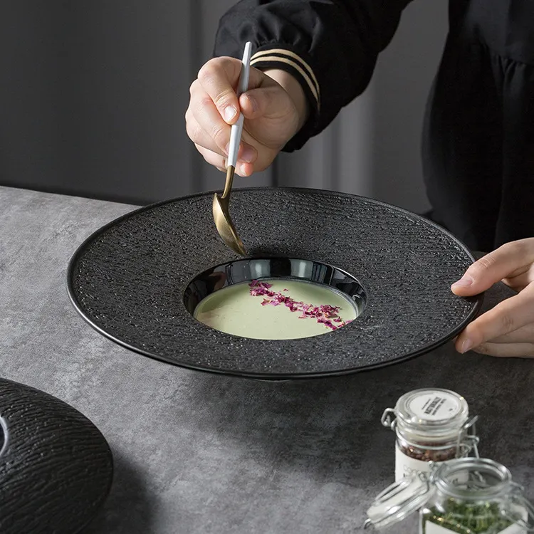 10-дюймовые черные прочные марокканские винтажные фарфоровые наборы для ужина японские суши с керамической тарелкой с принтом