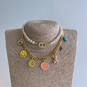 Collana di perle con conchiglia di orso colorato con ciondolo con perla e zircone in smalto dorato collana di moda gioielli