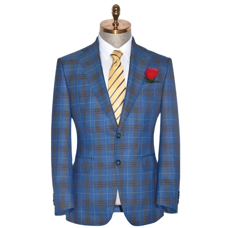 OEM Custom Tailor Made Single Breasted blazer men blue plaid Men's Suits groom wear suit for wedding