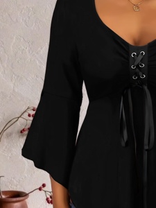 Chemise à manches <span class=keywords><strong>pagode</strong></span> à lacets et col en V noire pour femmes, sexy, taille froncée, décontractée, tendance, unie, respirante, pour le printemps et l'été - Product Image 4