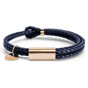 Best Customizable Fashion Logo Personalized Rose Gold Charm Adjust Navy Blue Leather Bracelet